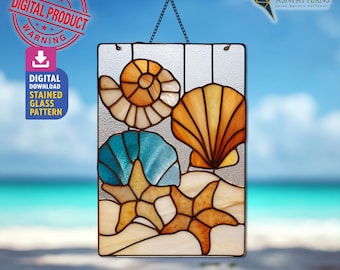 Seashell and Starfish Stained Glass Pattern, Seashell Suncatcher PDF Template, DIY Crafting Project, Wall Art
