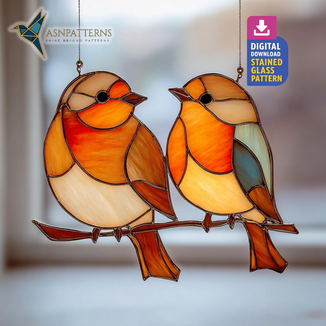 Couple Bird Stained Glass Pattern, Birds Suncatcher Template, DIY ...