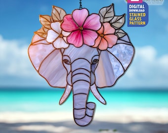 Floral Elephant Stained Glass Pattern, Elephant With Flower Suncatcher Template, DIY Glass Craft, Outdoor Decor, Wall Art