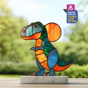 T-rex With Sun Stained Glass Pattern, Dinosaur Suncatcher PDF Template, DIY Glass Craft, Home Decor, Wall Art