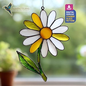 Patrón de vitral de margaritas, plantilla de atrapasol de margaritas blancas, artesanía de vidrio DIY, decoración de ventanas, regalo de arte de pared