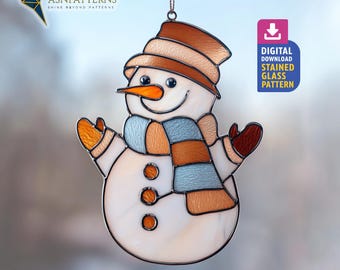 Snowman Stained Glass Pattern, Winter Suncatcher Template, DIY Handmade, Festive Decor, Wall Art