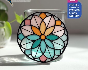 Coaster Floral Mandala Stained Glass Pattern, Mandala Suncatcher PDF Template, Home Decor, DIY Craft Project, Wall Art