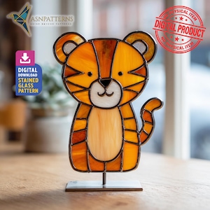 Cute Tiger Stained Glass Pattern, Tiger Suncatcher Template, Home Decor, DIY Crafting Project Design, Wall Art