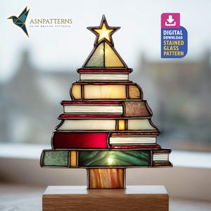 Books Tree Stained Glass Pattern, Books Stack Suncatcher Template, DIY Hand Craft, Home Decor, Crafting Gift
