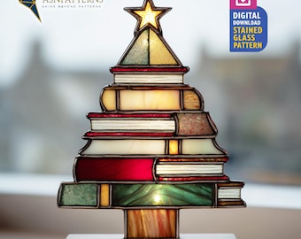 Books Tree Stained Glass Pattern, Books Stack Suncatcher Template, DIY Hand Craft, Home Decor, Crafting Gift
