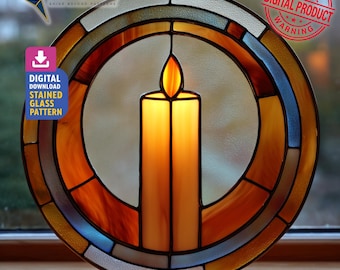 Glowing Candle Stained Glass Pattern, Candle Suncatcher PDF Template, Home Decor, DIY Crafting Project, Wall Art