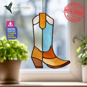 Cowgirl Boot Stained Glass Pattern, Cowgirl Boot Suncatcher Template, Home Decor, DIY Crafting Project, Wall Art