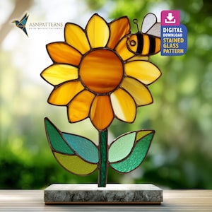 Sunflower With Bumble Bee Stained Glass Pattern, Sunflower Suncatcher PDF Template, DIY Glass Craft, Wall Art, Home Decor
