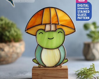 Frog Sitting Under a Mushroom Stained Glass Pattern for DIY Suncatcher and Whimsical Window Decor, Personalized Gift Idea