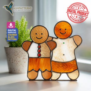 Padrão de vitral de biscoito de gengibre, molde para apanhador de sol de casal de biscoito de gengibre, decoração para casa, ideia de projeto de artesanato faça você mesmo, arte de parede