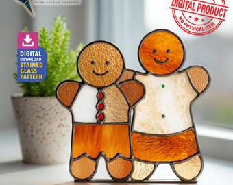 Ginger Bread Stained Glass Pattern, Ginger Bread Couple Suncatcher Template, Home Decor, DIY Craft Project Idea, Wall Art