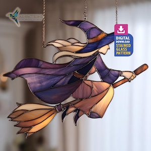 Fliegende Hexe Glasmalerei, Witchy Suncatcher Vorlage, Halloween-Dekor, Handgefertigtes Muster, Wandkunst