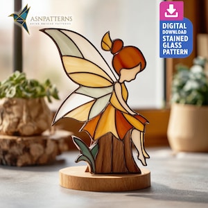 Fairy Sitting On Tree Stump Stained Glass Pattern, Fairy Suncatcher PDF Template, Home Decor