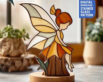 Fairy Sitting On Tree Stump Stained Glass Pattern, Fairy Suncatcher PDF Template, Home Decor