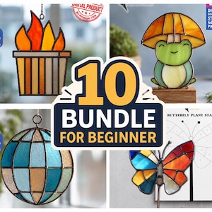 May include: A selection of stained glass patterns for beginners, including a torch, a frog with an umbrella, a globe, and a butterfly plant stake. The image includes the text "10 Bundle for Beginner".