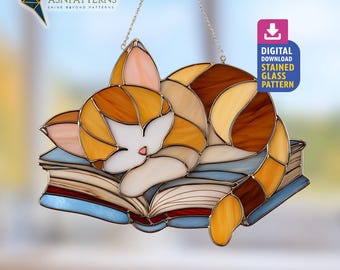 Sleeping Cat On Books Stained Glass Pattern, Cat Book Suncatcher Template, DIY Handmade, Home Decor, Wall Art