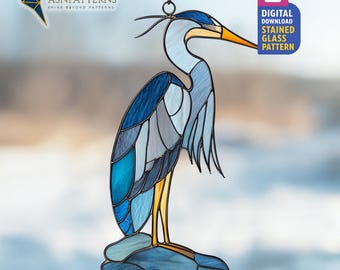 Blue Heron Stained Glass Pattern, Blue Heron Suncatcher, Stained Glass Bird, DIY Glass Craft, Outdoor Decor, Wall Art