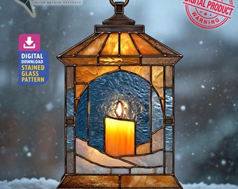 Gebrandschilderd glaspatroon lantaarn, pdf-sjabloon lantaarn Suncatcher, woondecoratie, doe-het-zelfproject, kunst aan de muur