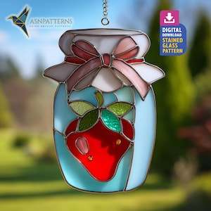 Gebrandschilderd glaspatroon aardbeien in pot, pdf-sjabloon aardbeien Suncatcher, glaskunst, keukendecor, kunst aan de muur