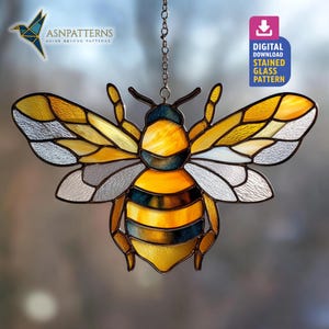 Bee Stained Glass Pattern, Bumble Bee Suncatcher, Stained Glass Yellow Bumble Bee, DIY Handmade, Garden Decor, Wall Hanging