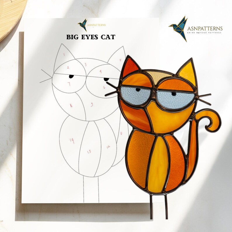 Big Eyes Cat Stained Glass Pattern, DIY Suncatcher PDF Template, Home ...