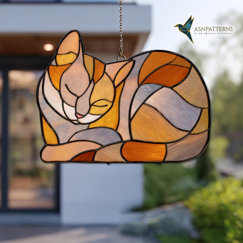 Sleeping Cat Stained Glass Pattern, Cute Cat Suncatcher Template, DIY ...