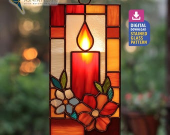 Bloemenkaars glas-in-loodpatroon, kaars Suncatcher-sjabloon, handgemaakt patroon, woondecoratie, kunst aan de muur