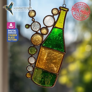 Bottle Popping Stained Glass Pattern, Bottle Suncatcher Design, Home Decor, DIY Crafting Project, Wall Art