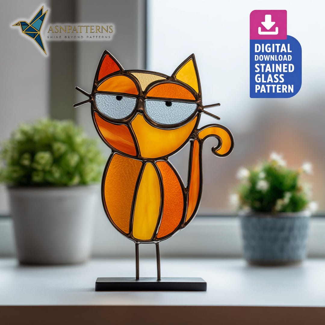 Big Eyes Cat Stained Glass Pattern, DIY Suncatcher PDF Template, Home ...