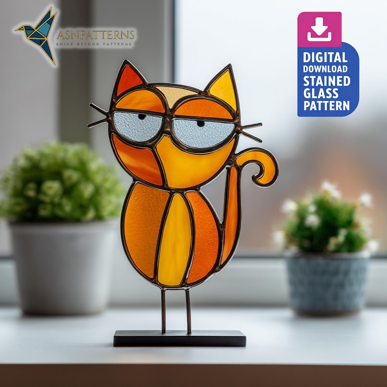 Big Eyes Cat Stained Glass Pattern, DIY Suncatcher PDF Template, Home ...