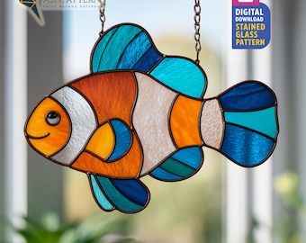 Patrón de vitral de pez payaso, plantilla para atrapasol de pez, artesanía de vidrio DIY, decoración colgante, arte de pared