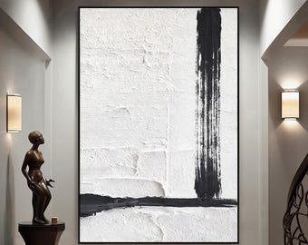 Arte de pared texturizado abstracto minimalista original en blanco y negro, pintura neutra moderna para sala de estar, dormitorio, entrada u oficina.