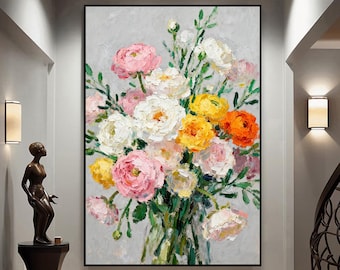 Original Large Abstract Floral Oil Painting, Modern Impressionist Bouquet Canvas, Neutral Elegant Decor for Living Room, Entryway, Bedroom