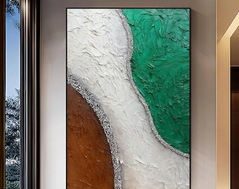 Abstrakte grüne strukturierte Wandkunst, moderne organische Malerei, große Leinwand für Wohnzimmer, Eingangsbereich, Flur, modernes Wohndekor
