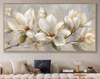 Original Ölgemälde der weißen Magnolie, elegante Blumenwand-Kunst-Leinwand, neutrales botanisches Gemälde für Wohnzimmer, Schlafzimmer, modernes Wohndekor