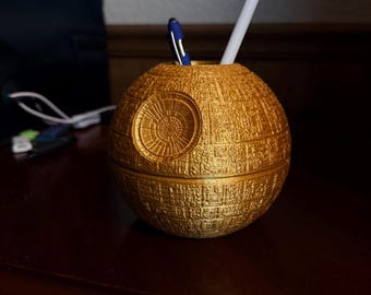 3D Printed Death Star Pen Holder in Gold and Silver