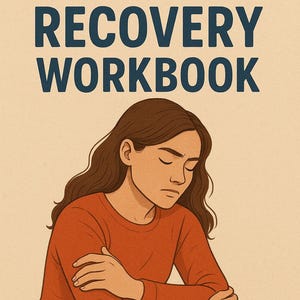 Può includere: Illustrazione della copertina di un libro intitolato "Break Up Recovery Workbook" in testo blu navy. L'immagine presenta una donna con i capelli castani e una camicia arancione, con il testo "Your Guide Through Healing and Growth" in basso.