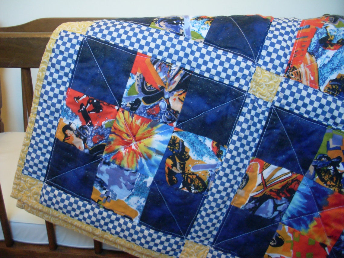 Baby Boy Sports Quilt Blue and Orange Handmade Etsy