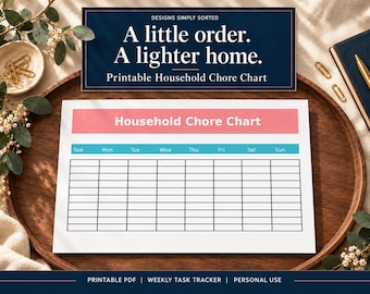 May include: A printable household chore chart featuring a pink header, a teal row for days of the week, and a grid for tasks. The text reads: Designs Simply Sorted, A little order. A lighter home. Printable Household Chore Chart.