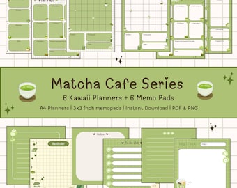 Matcha Cafe Kawaii Printable Planner and Memo Pads | Daily Weekly Monthly | Aesthetic Green Planner | Instant Download