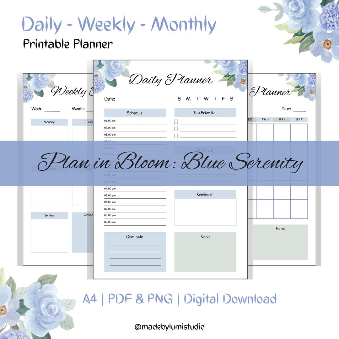 Plan in Bloom: Blue Serenity Printable Planner Bundle A4 | Daily Weekly ...
