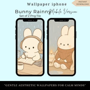 Könnte beinhalten: Zwei Smartphone-Bildschirme mit Hintergrundbildern zum Thema Hase. Einer zeigt einen Hasen mit Kopfhörern, der andere einen Hasen in einem Pullover. Der Text enthält "Bunny Rainny Mobile Version" und "Set of 2 Png file". Unten steht "GENTLE AESTHETIC WALLPAPERS FOR CALM MINDS".