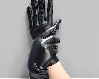 Shiny Black Faux Latex Short Gloves Wet Look Vinyl Wrist Length Gothic Clubwear Cosplay and Fetish Accessory Emo Punk Fashion