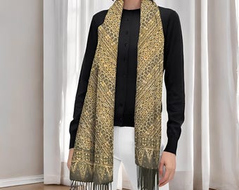 Silky Gold Batik Scarf – Elegant Handcrafted Batik Cap Shawl, Women Shawl,Women Scarf,Ladies Shawl,Fashion Scarf,Boho Shawl Scarf