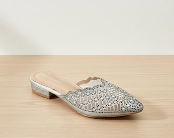 Glitzer Damen Slip-On Heels, 3 cm niedriger Blockabsatz Sandalen, glitzernde Abend Party Schuhe