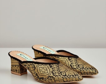 Nagita Songket Pantoletten, elegante gewebte Stoff-Folien für Frauen, ethnische Abendparty-Absätze