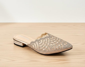 Elegante Frauen Spitze Slip-On Heels, 3 cm Niedriger Blockabsatz Sandalen, Stickerei Party Schuhe