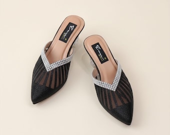 Elegant Glitter Lace Bridal Mules Block Heel Wedding Shoes for Bride, Sparkly Bridesmaid Sandals