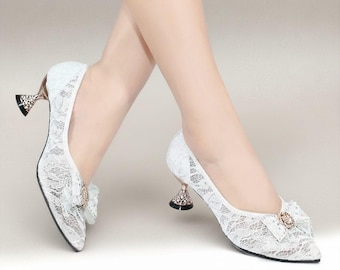 Spitze Hochzeit Heels 5cm Blockabsatz Brautschuhe Spitze Toe Schiere Brokat Abend Pumps Elegante Brautjungfer Slip-On Formelle Party Schuhe